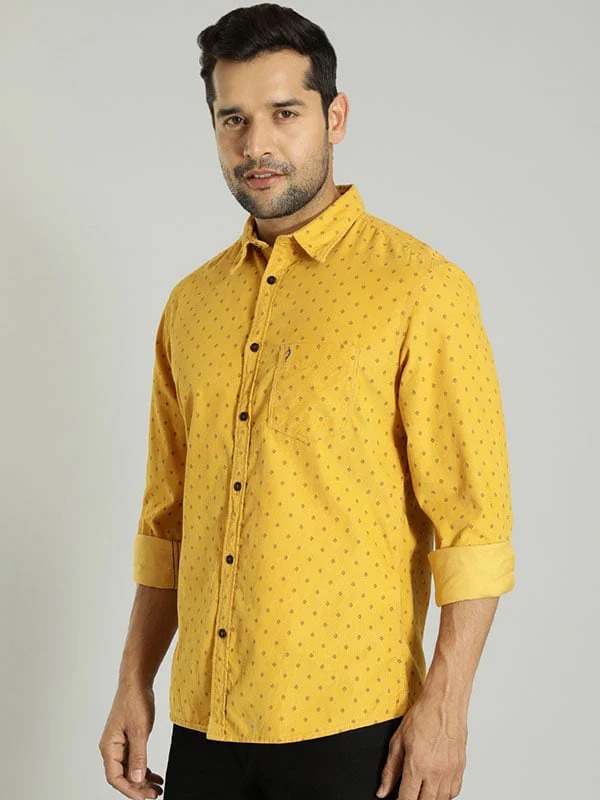 Indian Terrain Men's Slim Fit Full Sleeve All Over Print Yellow Shirt
